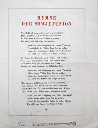 [FIRST APPEARANCE OF THE ANTHEM OF THE SOVIET UNION IN GERMAN] Hymne der Sowjet Union [i.e. Anthem of the Soviet Union]