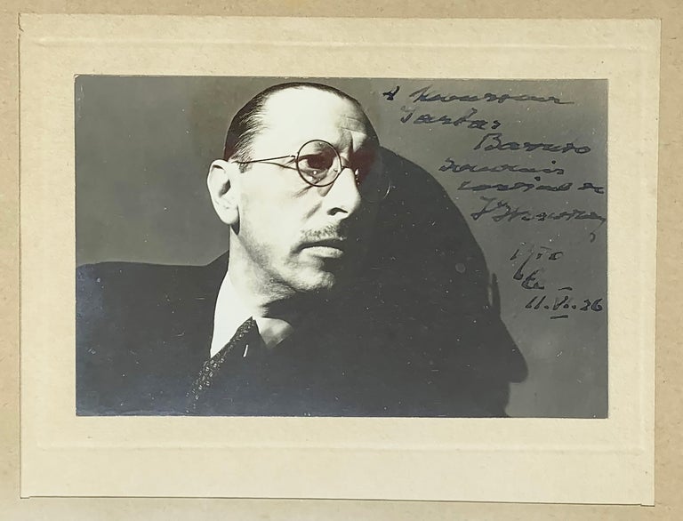 Item #1203 [STRAVINSKY - SIGNED PHOTOGRAPH] Signed portrait, ‘A Monsieur Jantos Baruro Sinceres Connaissance de I Strawinsky. Rio le 11.VI.36’. I. Stravinsky.