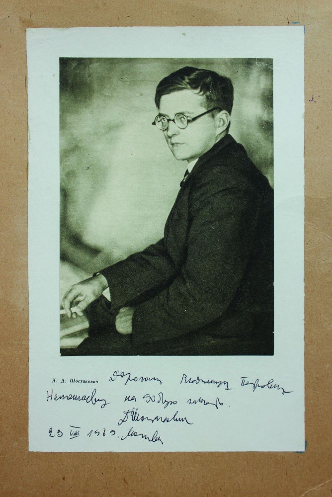 Item #126 Printed image on a cardboard signed by Dmitrii Shostakovich. Dmitrii SHOSTAKOVICH.