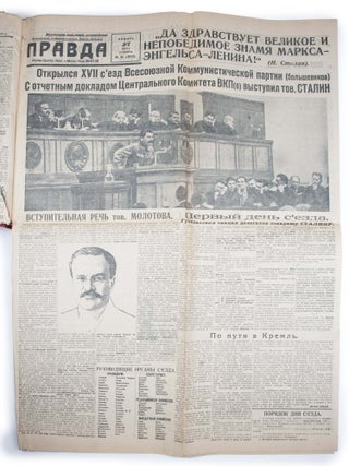 [A CONGRESS OF VICTIMS] Bound Set of 14 Issues of the Pravda Newspaper Collected for a Delegate of the XVIIth Congress of the Communist Party. Pravda [i.e. Truth] #25, 26, 27, 28, 29, 30, 31, 32, 33, 34, 35, 36, 37, 38 of 1934